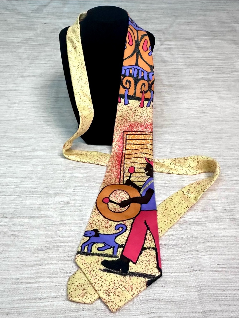Byblos Vintage 100% Silk Tie Whimsical Drummer Cat Dog Rare